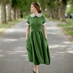 Son de Flor, Classic Dress with Garden Peter Pan Collar, Spring Green, XXL